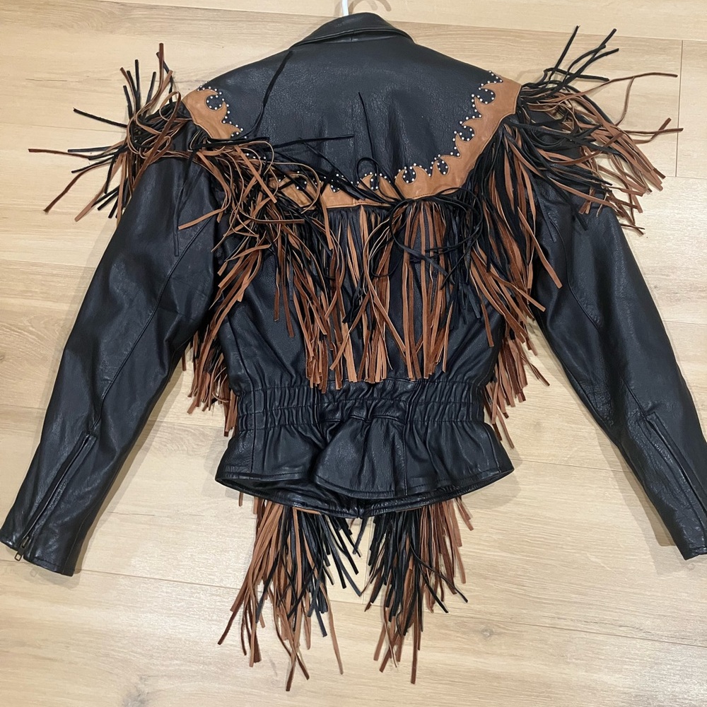 Black and Brown Fringe Leather Jacket - Picture 3 of 5